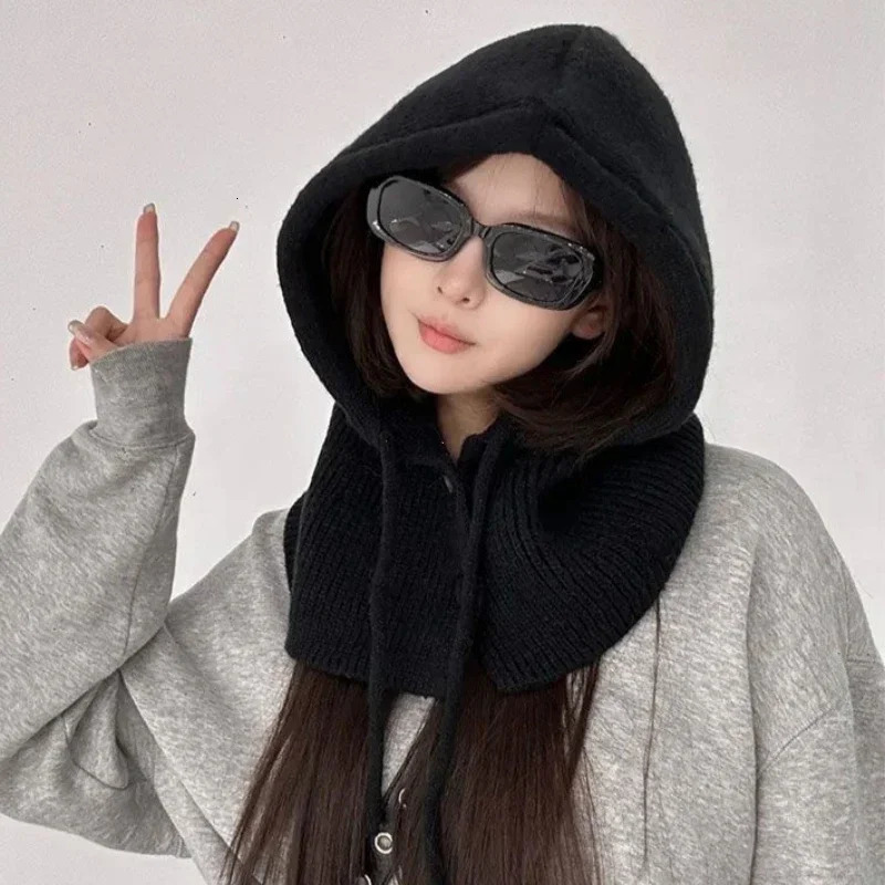 Korea Winter Hats and Scarf Set with Botton Scarf Balaclava Hat Warm Neck Set Women Knitted Wool Pullover Hat Gothic Y2k 250808