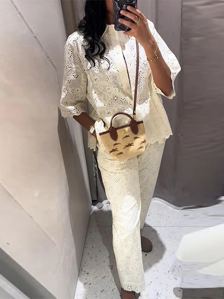 Solid White Hollow Floral Embroidery Long Pants Sets Women Turn Down Collar Shirts High Waist Trousers 2 Piece Lady Party Outfit 250811