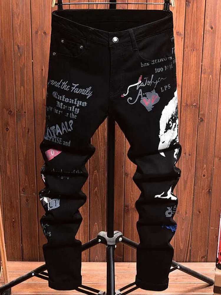 2025 Spring and Autumn New Fashion Trend Printed Black Straight Leg Jeans Mens Casual Comfort Breathable High Quality Pants X250812