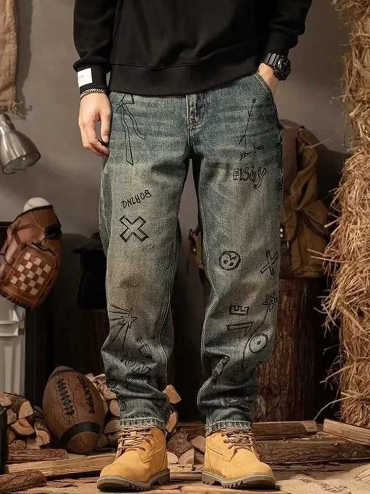 Autumn and Spring Fashion Trend Printed American Vintage Straight Leg Jeans Mens Loose Sports Plus Size High-End Denim Pants X250812