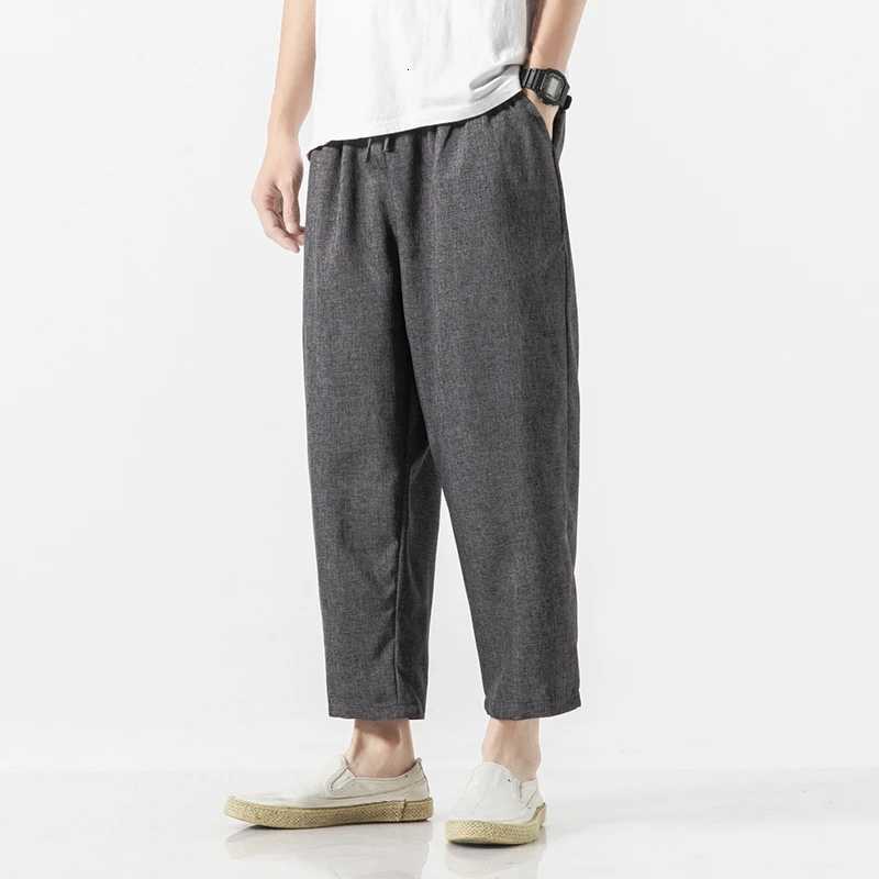 2025 Summer Cotton Linen Pants for Men Japanese Breathable Loose Casual Pants Thin Elastic Waist Cropped Pants W250812