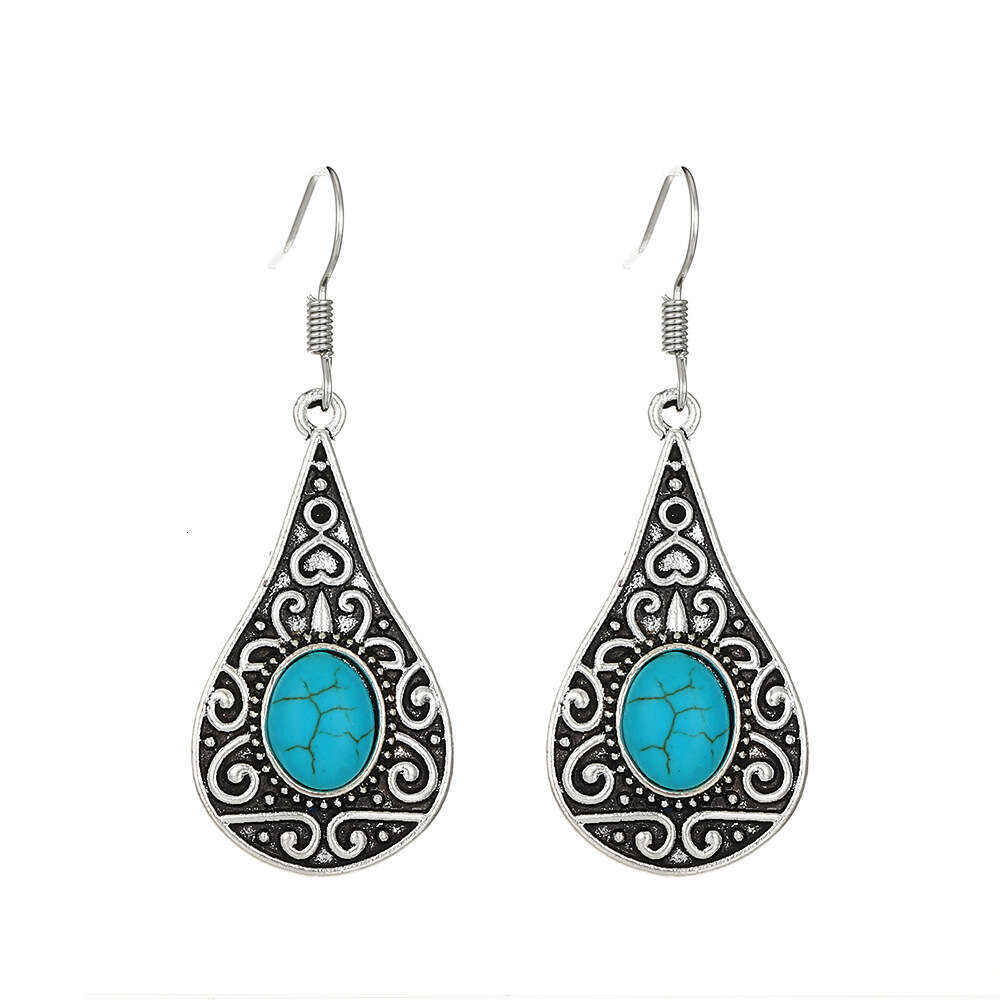 New Heart Turquoise INS Alloy Vintage Geometric Moonstone Drop Earrings Ethnic Style Ear Jewelry