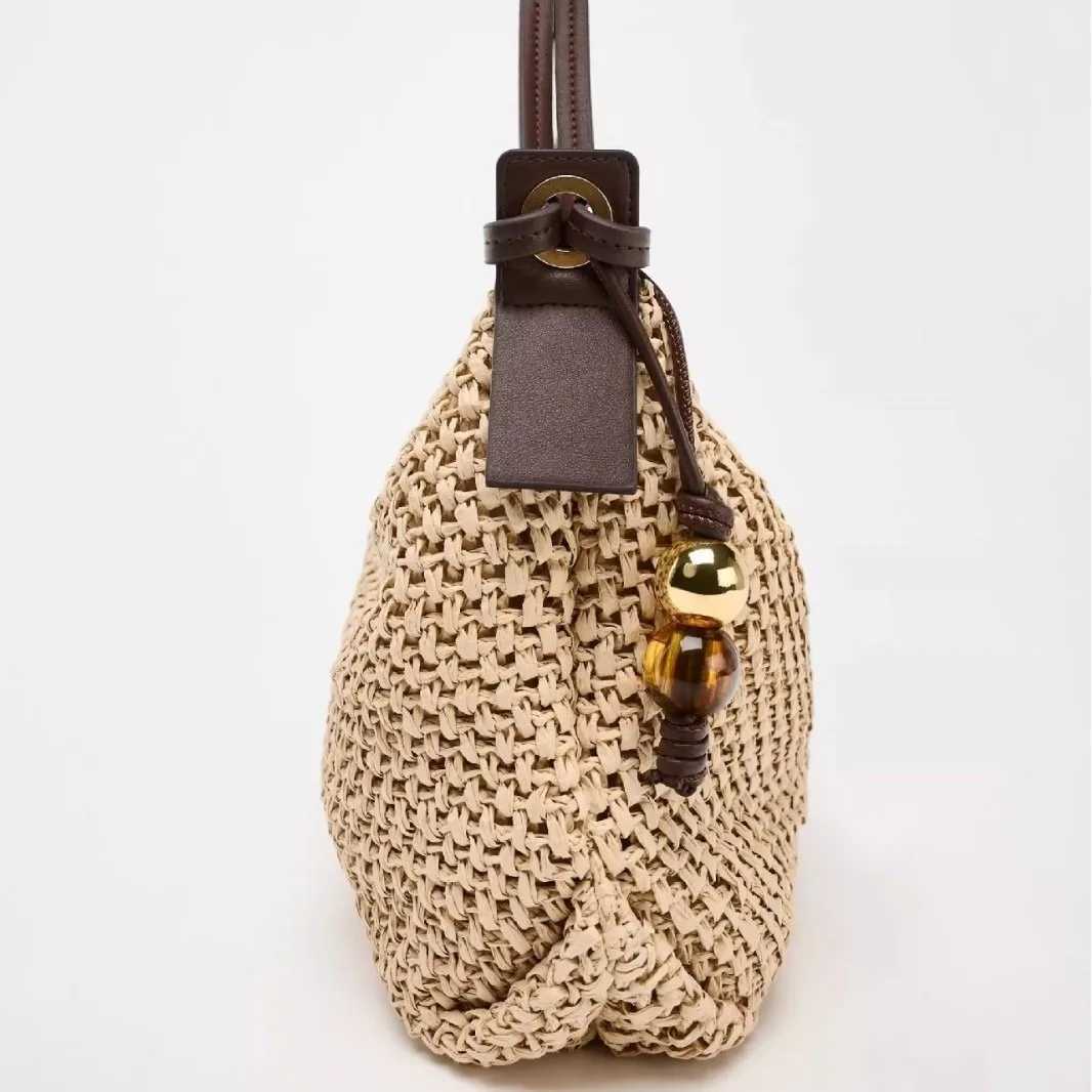 Casual Hobos Straw Bag Designer Woven Women Shoulder Bags Vintage Bead Deco Handbags Handmade Summer Beach Bag Small Tote Purses Z250816