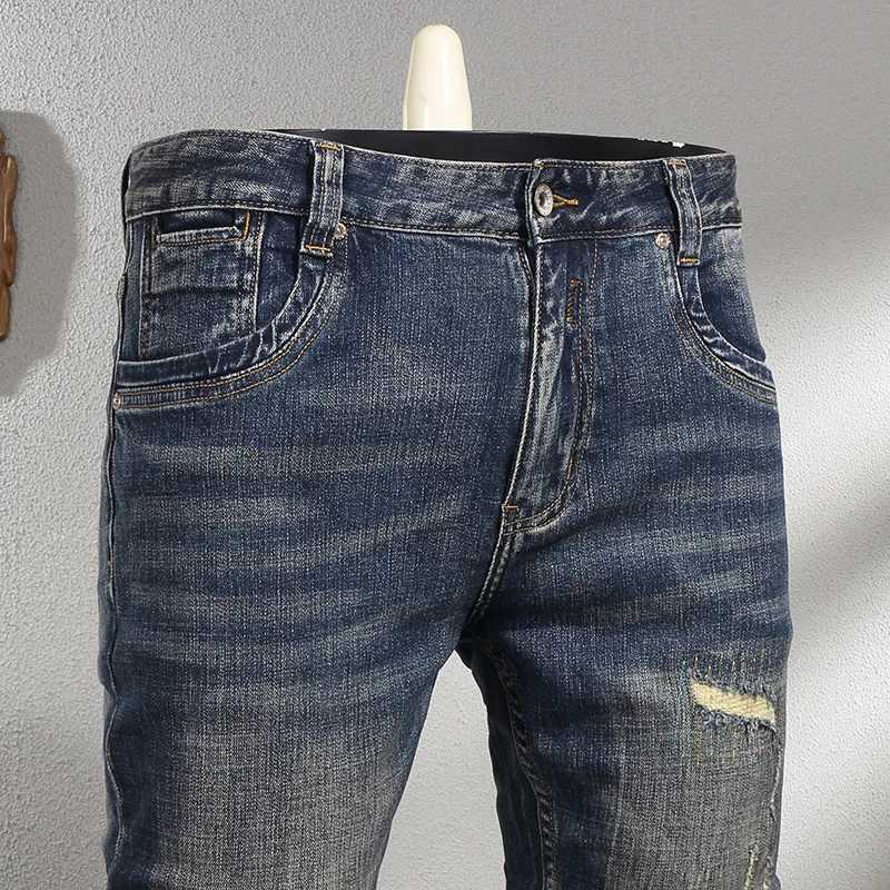 Dark Blue Vintage Make Old Ripped Patch Jeans Men 2024 New Street Locomotive Fashion Mens Clothing Stretch Slim Fit Pants X250812
