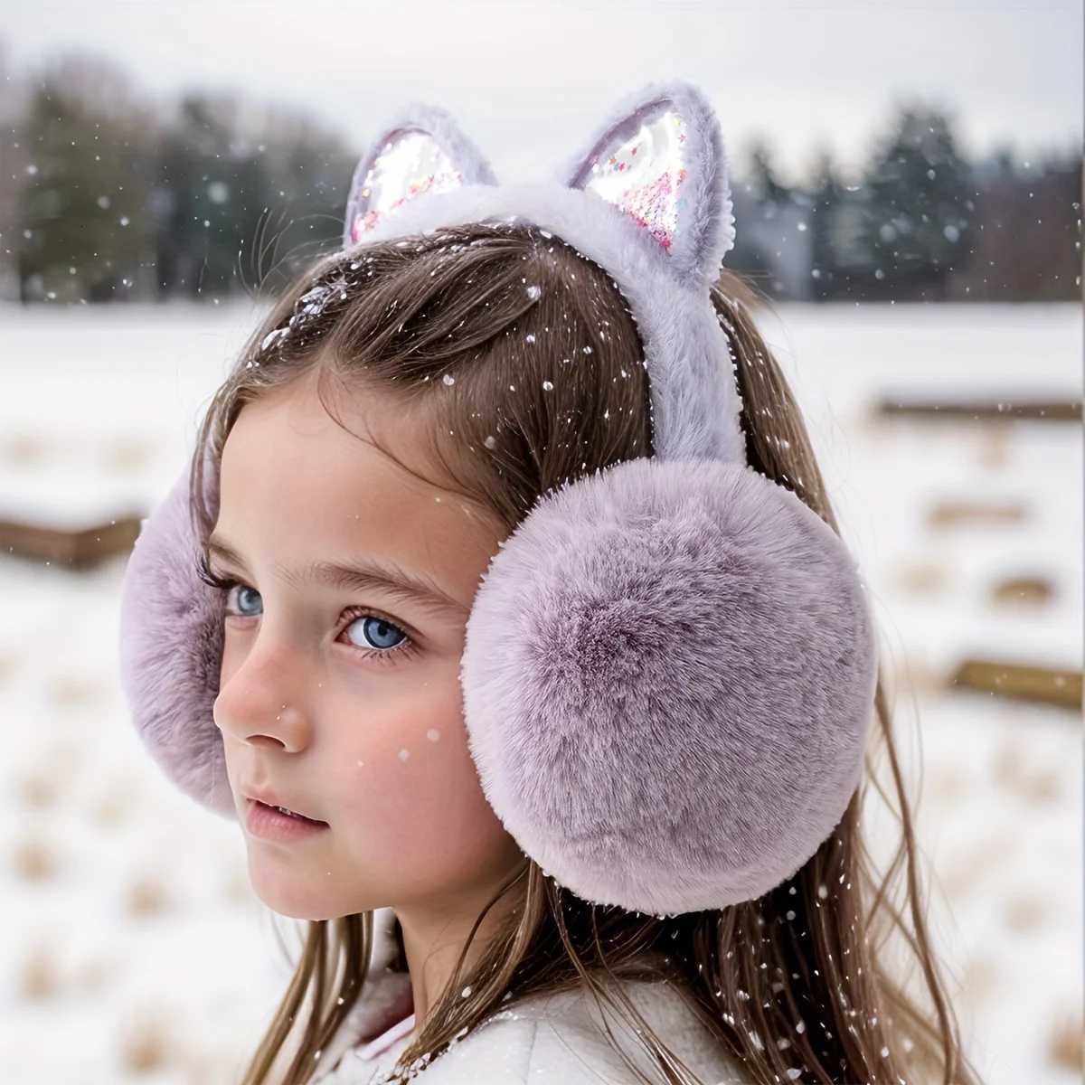 ute Cat Ear Earmuffs for Women - Foldable Winter Ear Warmers Sparkle Sequin Design Solid Color XJ250812