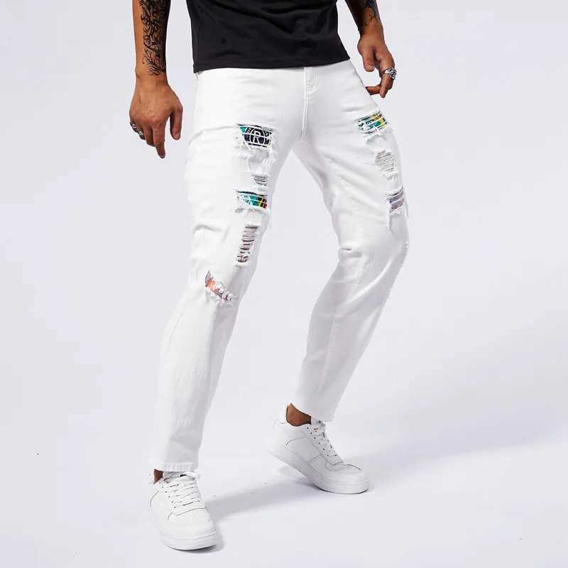 White ripped jeans for men 2024 new summer slim fit jeans for men straight leg casual pants for men stretch denim ripped pants X250812