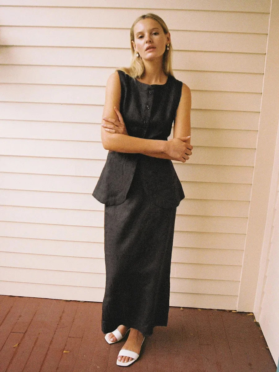 Wolfeel Womens Sleeveless Vest High Waisted Skirt 2-Piece Set Spring Summer Linen Casual Suit Fashion Office Lady Vest Set 250811