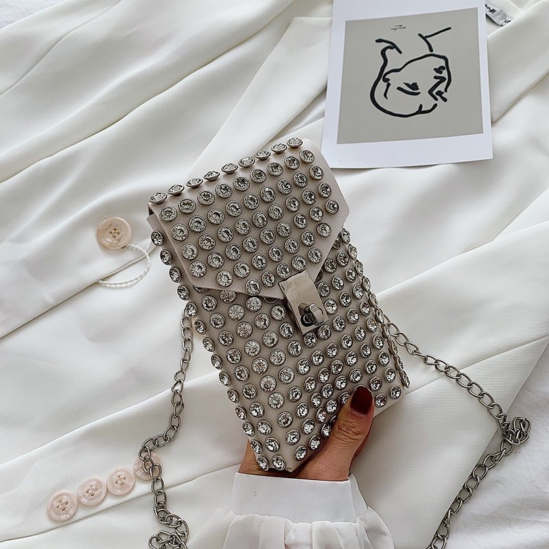 Retro Mini Cellphone Holder with Diamonds - Customizable Shoulder Purse for Smartphone Storage