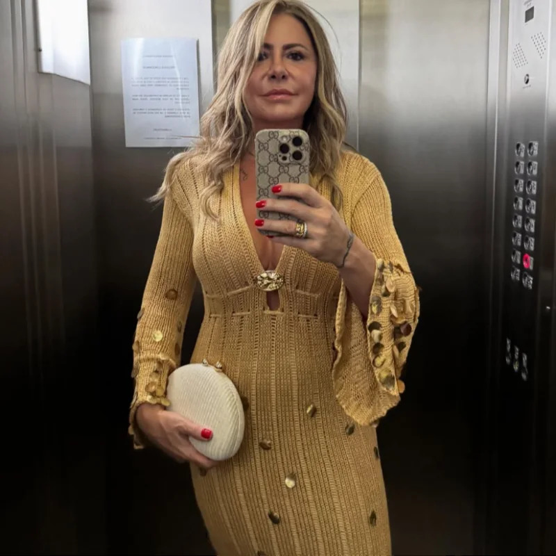 Shinny Sequin Knitted Maxi Dress Deep Neck Lace Up High Waist Long Robes See Though Party Club Dresses Lady Clothing 250805