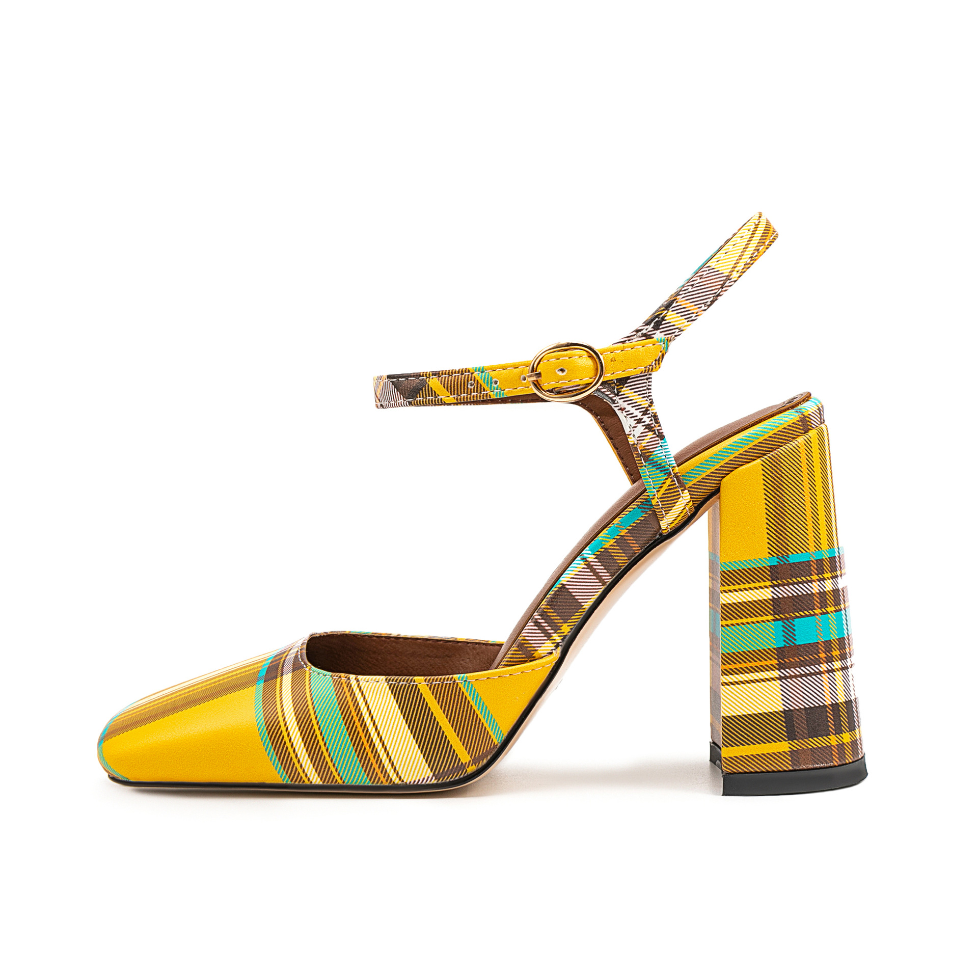 Square-Toe Block Heel Sandals - Checkered Strappy Flats Mustard, Green, Lilac, Red