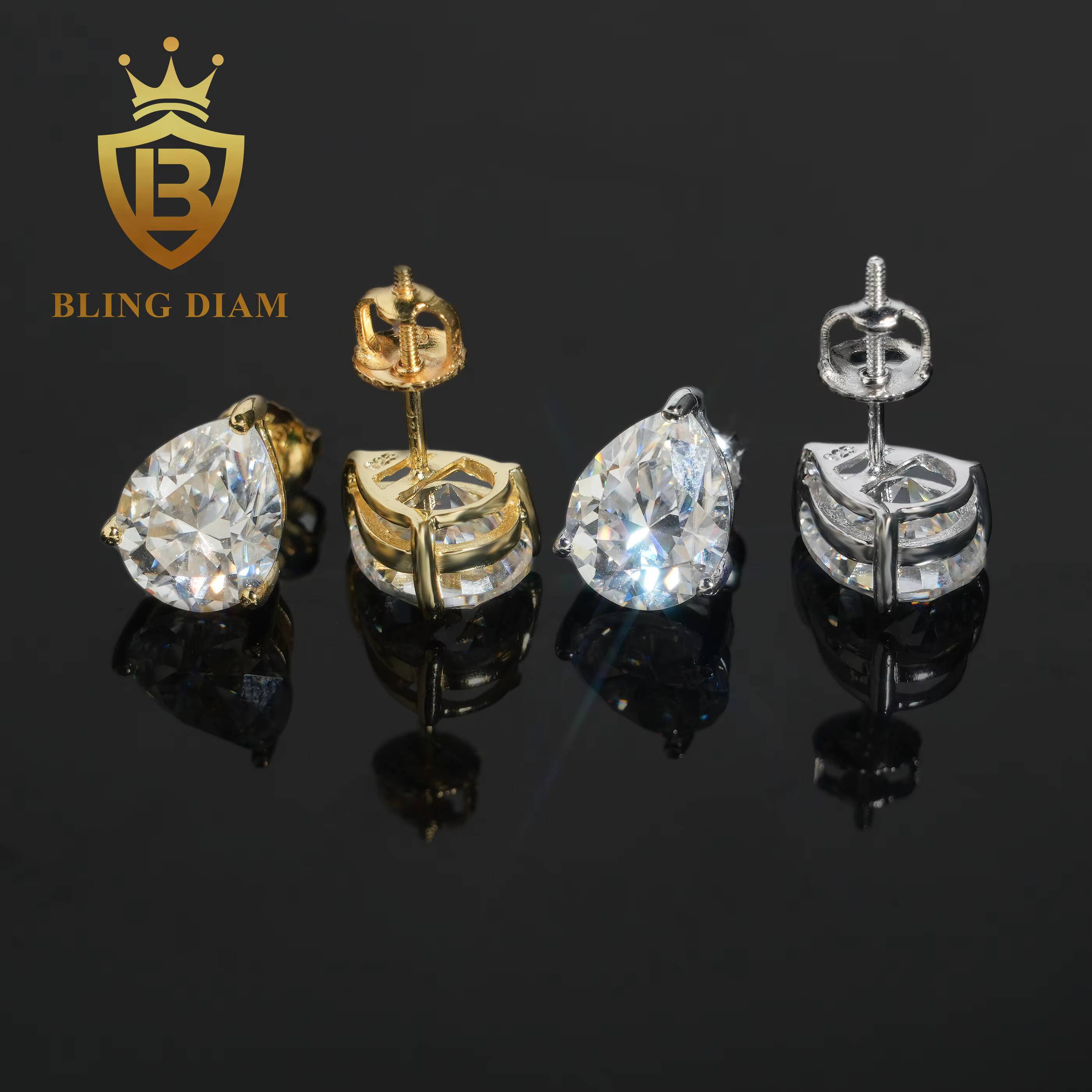 GRA Certificate 2ct Pear Cut Moissanite Diamond Earrings 925 Sterling Silver Hip Hop Stud Earrings Screw Back