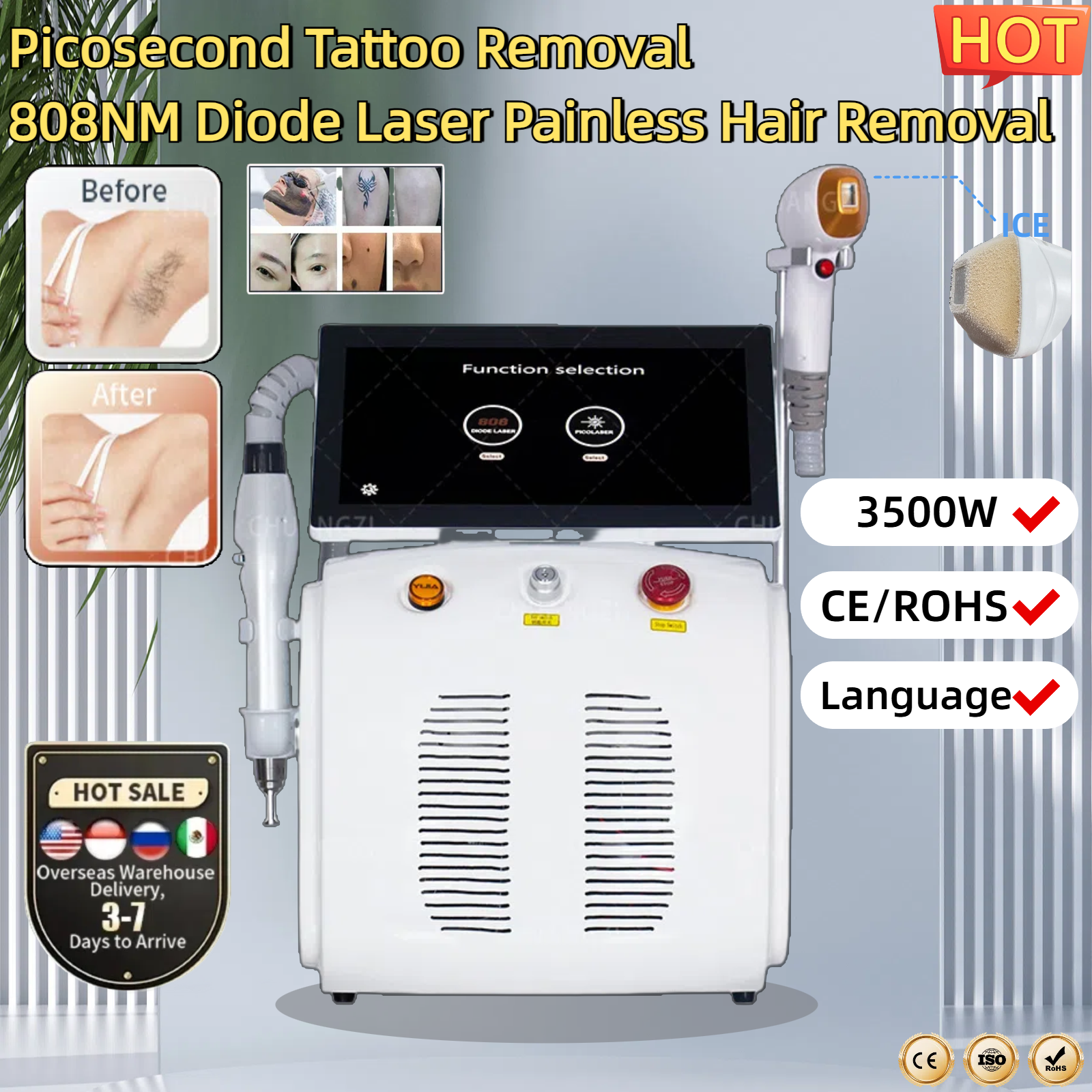 808nm Laser Hair Remover 3500W Power Sapphire Laser Cooling Function Touch Screen Whole Body Painless And Non-traumatic Beauty Machine