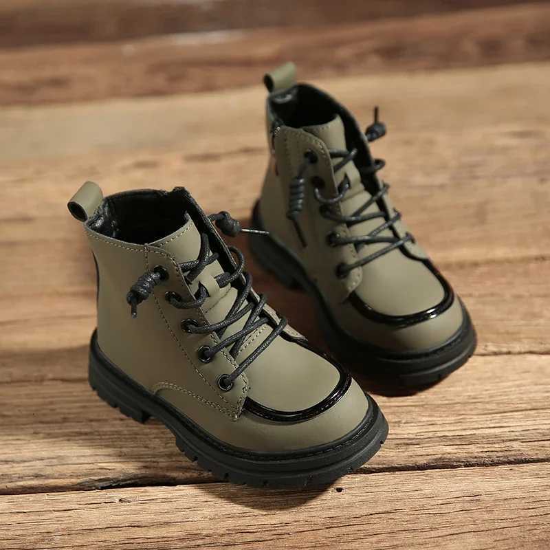 New Children Boots Soft Leather Handsome Lace-up Trendy Kids Short Boots Matte PU Leather Anti-slip Unisex Boys Girls Shoes XJ250812