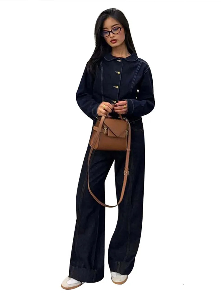 Fashion Denim Coat Pant Women Set Vintage Lapel Button Long Sleeve Jacket Wide Leg Pants Female Suit 2025 Spring Lady Outfit 250808