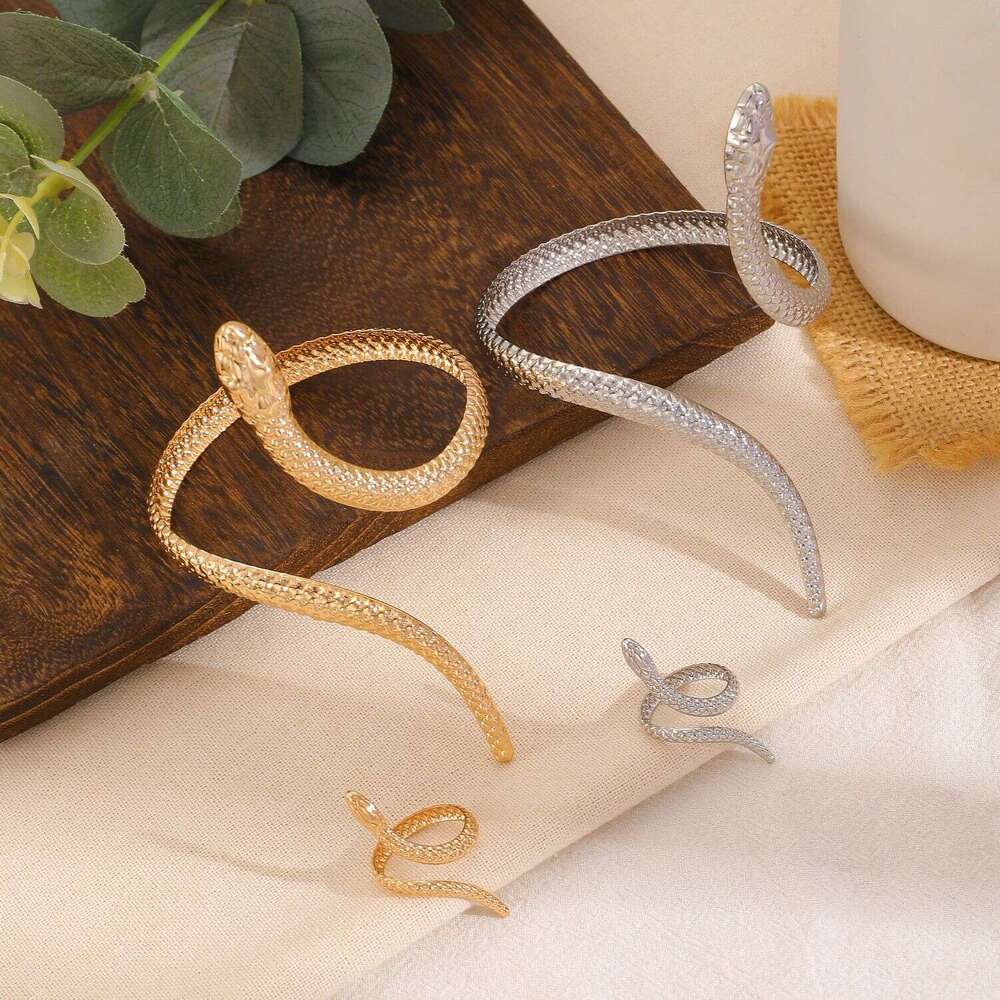 Fashion Exaggerated High-End Bracelet for Women Gold Yellow Snake-Shaped Adjustable Bangle Ring Set