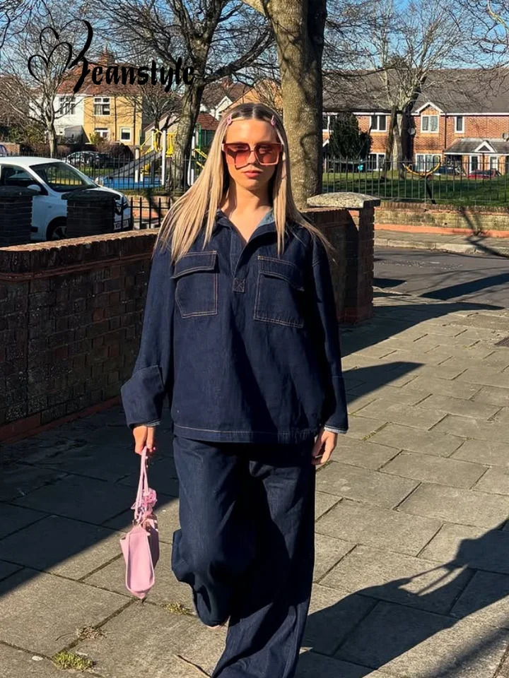 Street Loose Solid Women Jeans Suits Lapel Full Sleeve Pockets Top High Waist Wide Leg Pants 2025 Spring Fashion Lady Sets 250811