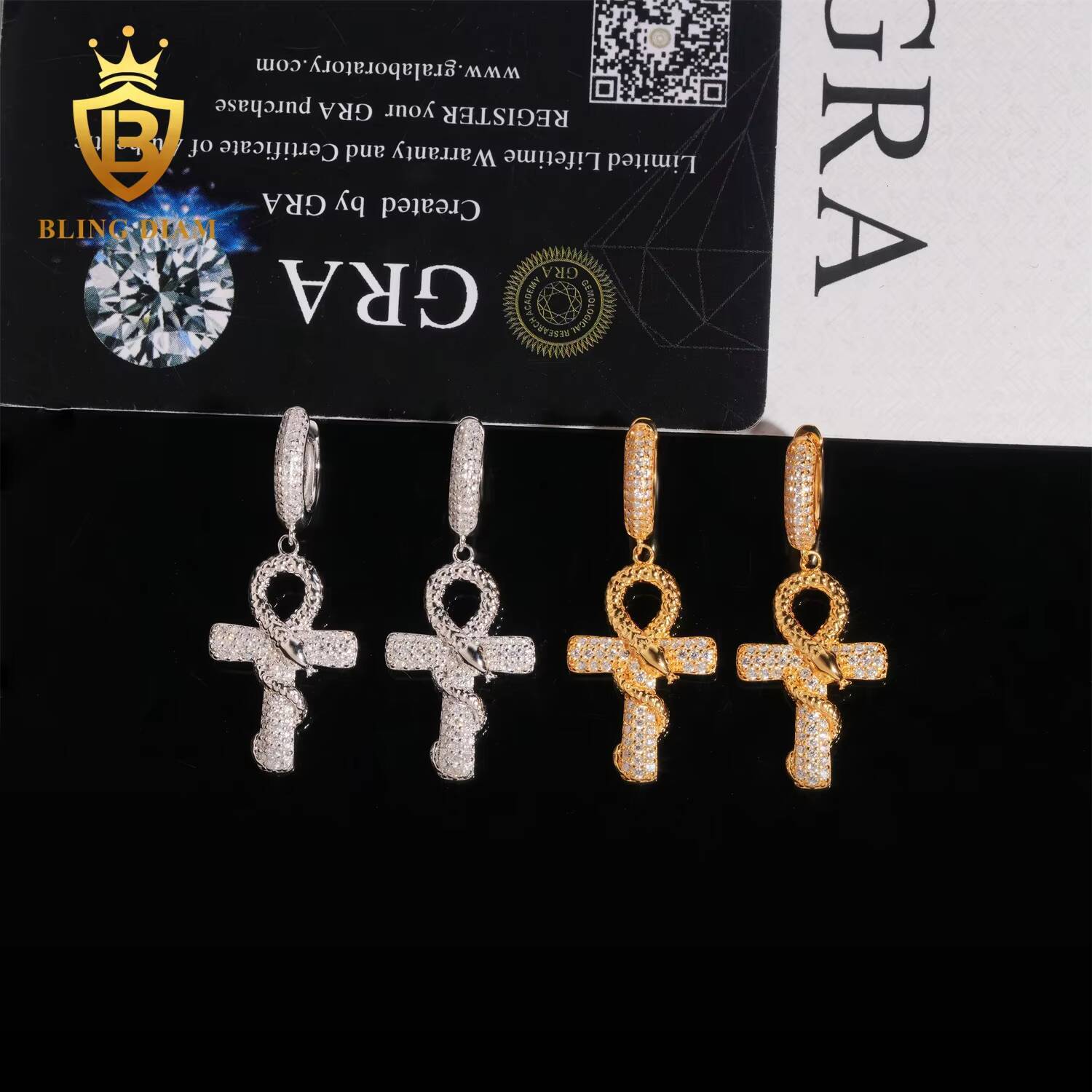 New Fashion High Quality Rapper Cross Style Moissanite Earrings 925 Sterling Silver Hip Hop Jewelry Missanite Ear Studs