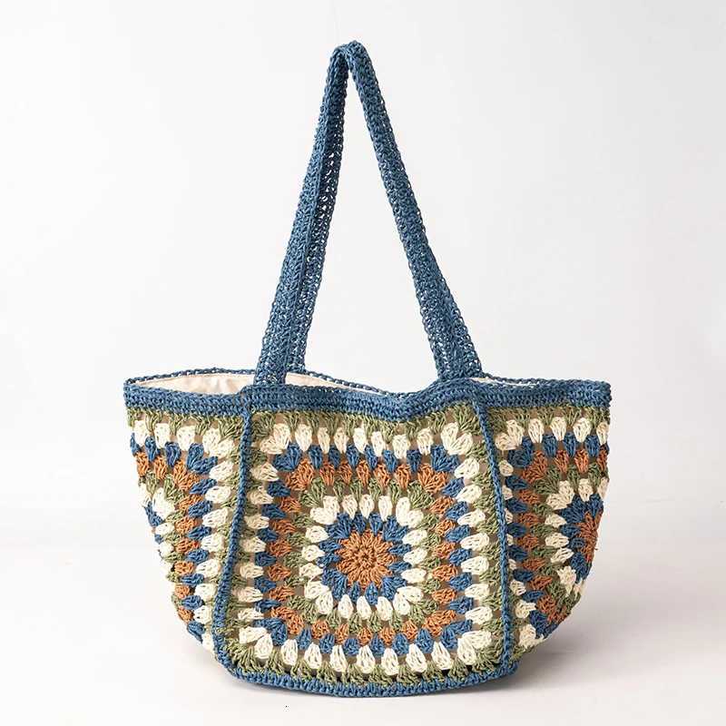 Granny Square Straw Shoulder Bag Boho Ethnic Contrast Color Crochet Women Tote Bag Roomy Summer Beach Vacation Handwoven Handbag Z250812