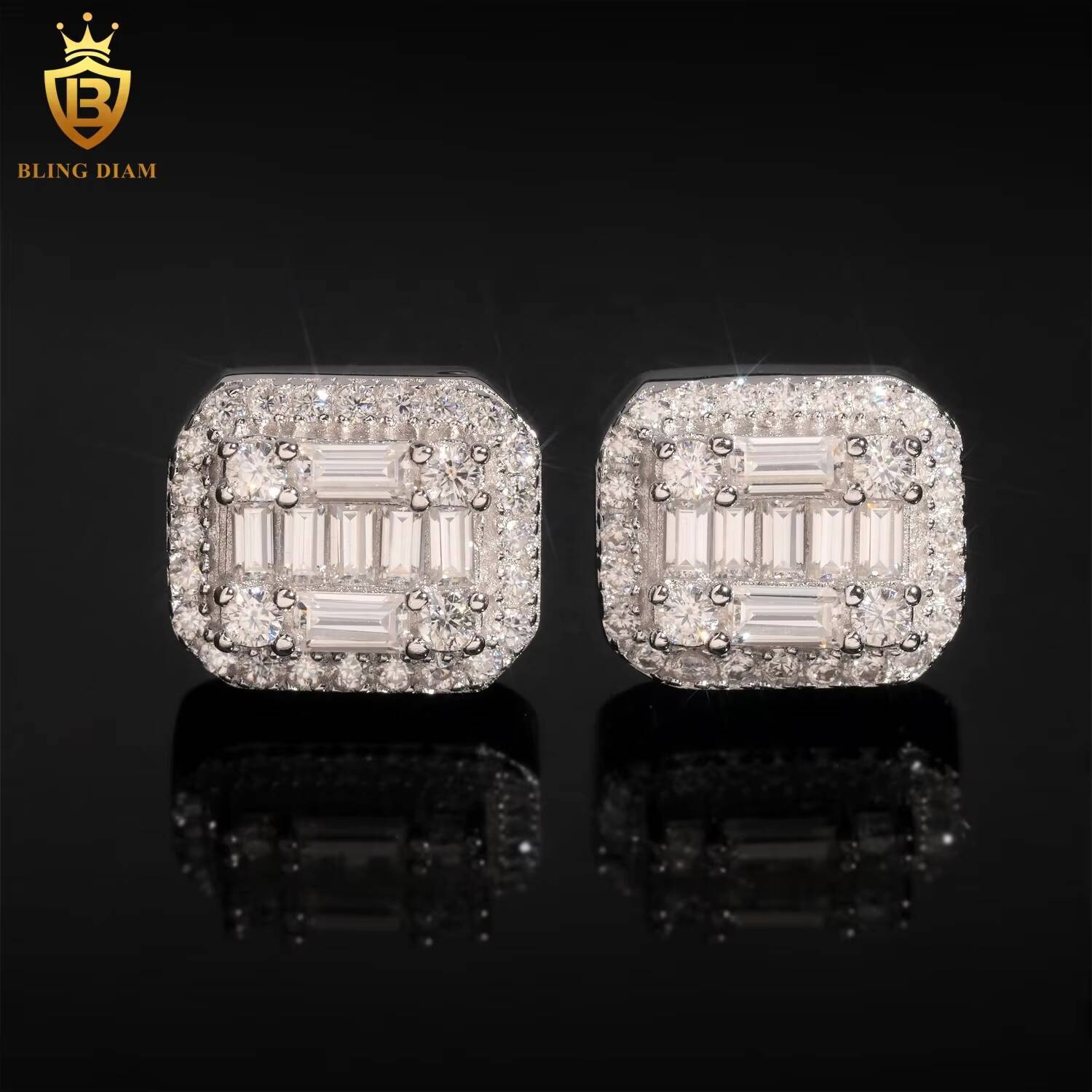 Pass Diamond Tester 925 Sterling Silver Luxury Hip Hop baguette VVS Moissanite Stud Earrings