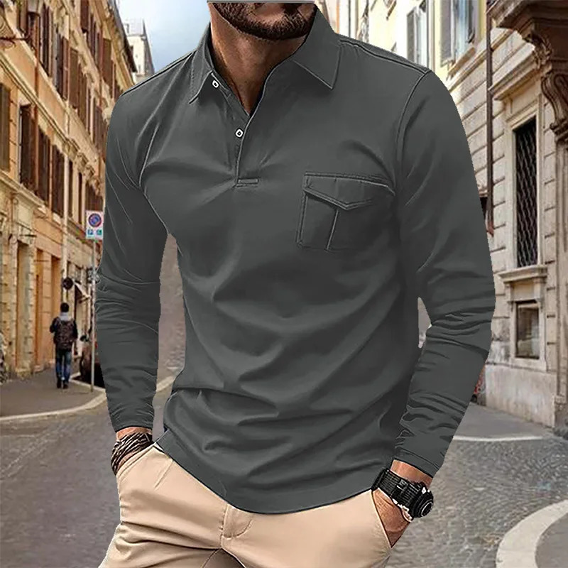 Spring and Autumn Mens Polo Shirt Lapel Pocket T-shirt Mens Business Casual Long sleeved European and American Plus Size 250811