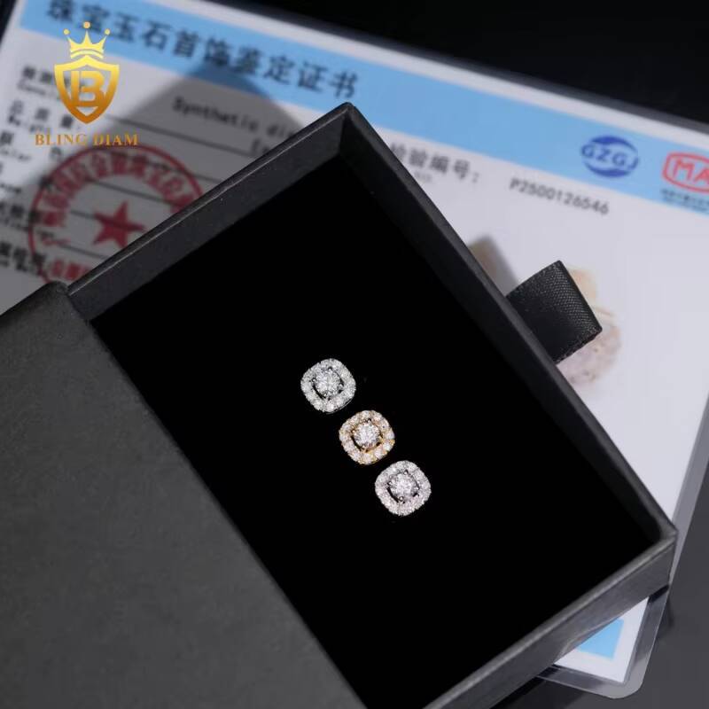 New Arrival VVS1 Lab Grown Diamond Full Diamond Earring 925 Sterling Silver Gold Plated Hiphop Style for Unisex GRA Certificate