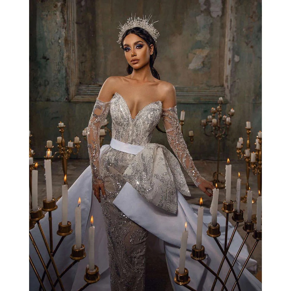 Luxury White Mermaid Wedding Dresses Sweetheart Sequins Beading Detachable Train Princess Bride Dress Vestido de Novia Custom Made