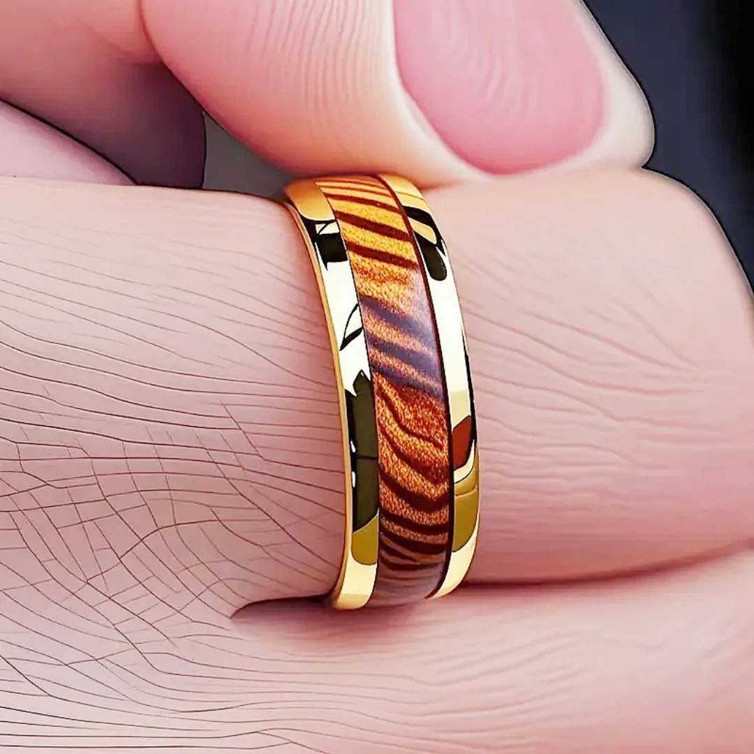 8MM Unique Tiger Stripe Mens Stainless Steel Rings Gold Color Wedding Band Personality Jewelry Party Steel Ring Mens Ring 250812