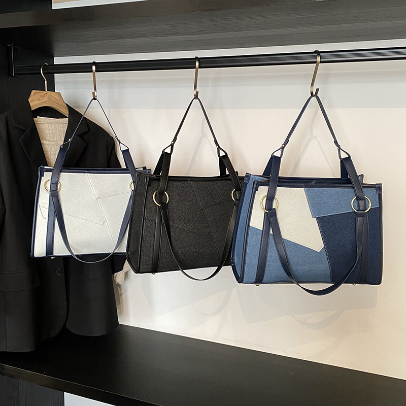 Denim for Women New Fashion Color Block Patchwork Single Shoulder Crossbody Commuter Casual Tote Bag