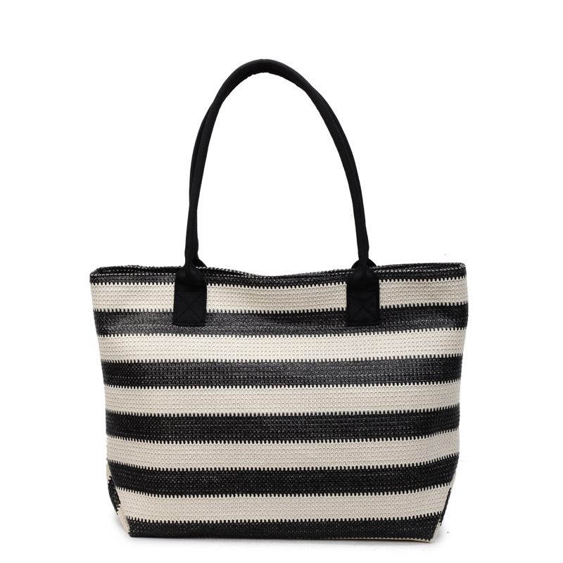 Summer Large Capacity Woven for Women New Versatile Ins Style Color-Block Striped Beach Straw Bag