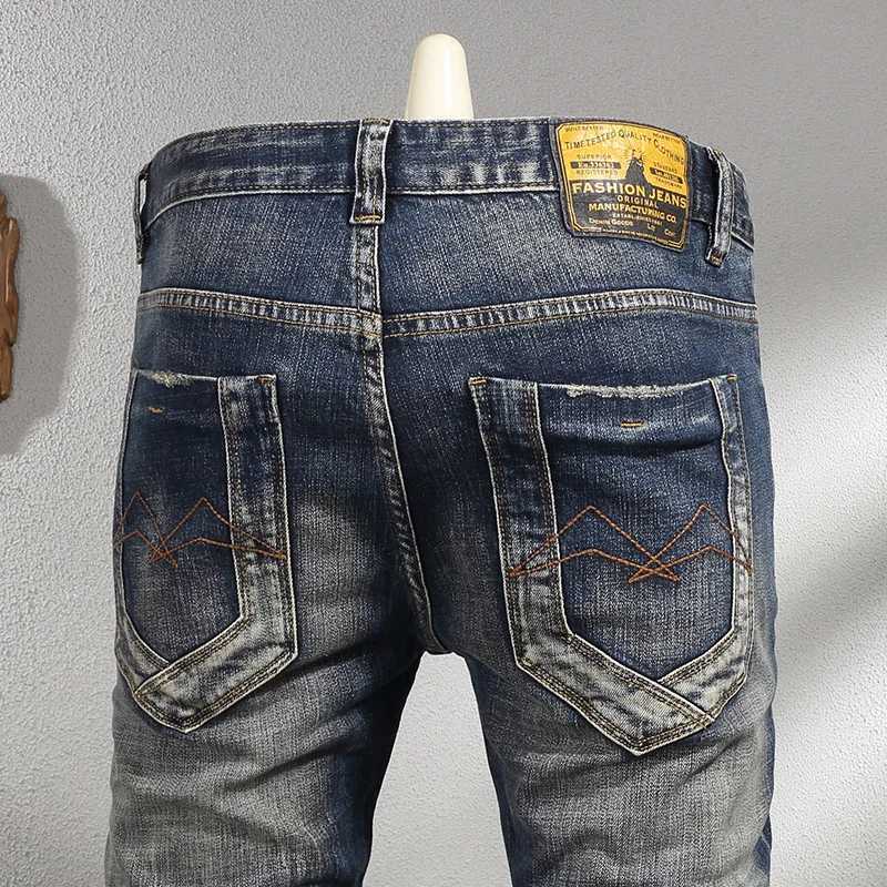Dark Blue Vintage Make Old Ripped Patch Jeans Men 2024 New Street Locomotive Fashion Mens Clothing Stretch Slim Fit Pants X250812