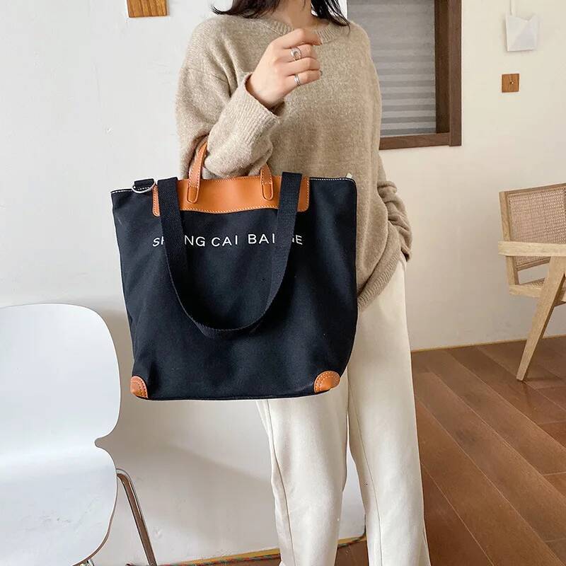 Casual Canvas Women Handbags Designer Letters Shoulder Crossbody Bags Female Large Capacity Tote Leather Patchwork Shopper Bag