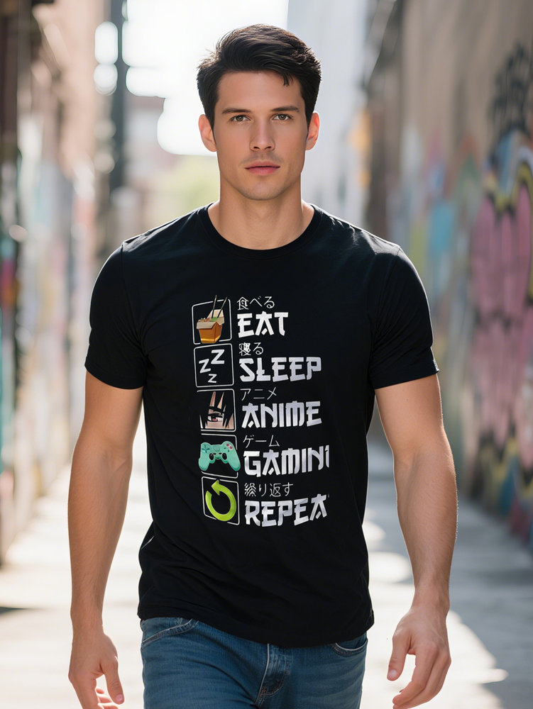 Men's Summer T-Shirt Unique Manga Inspired DS Digital Eat Sleep Anime Gaming Repeat Graphic Crew Neck