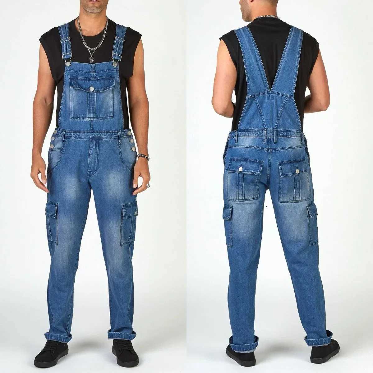 Mens Overalls Pockets Jeans Jumpsuit Autumn 2025 Mens Casual One Piece Long Denim Pants Slim Splice Straight Rompers Long Jeans X250812