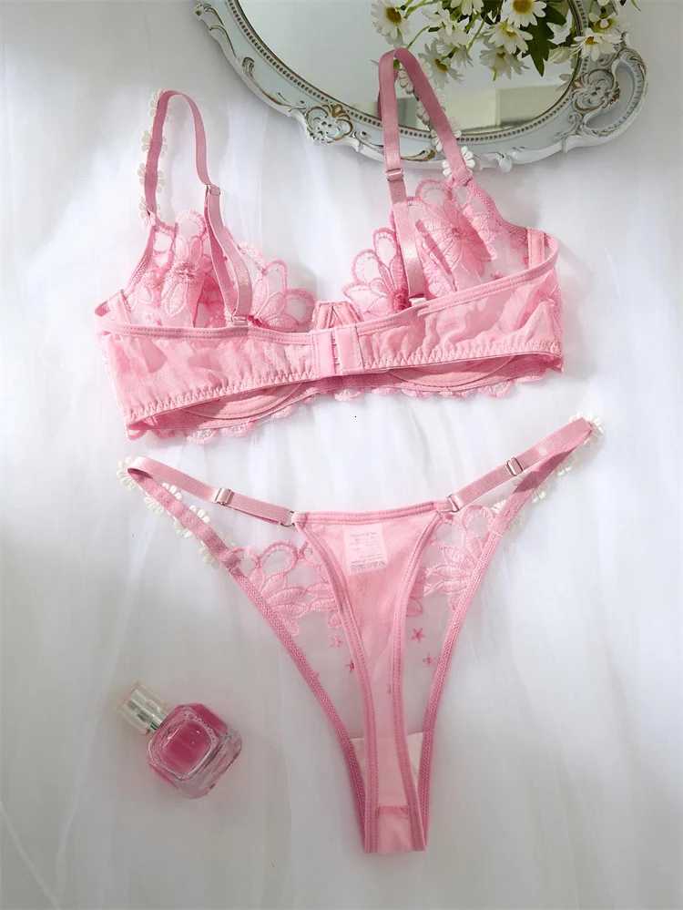 New Sexy Girl Lingerie Floral Embroidery Lingerie Set Pink Fantasy Underwear Ultra Thin Bra Panty Set Translucent Lace LingerieXJ250812