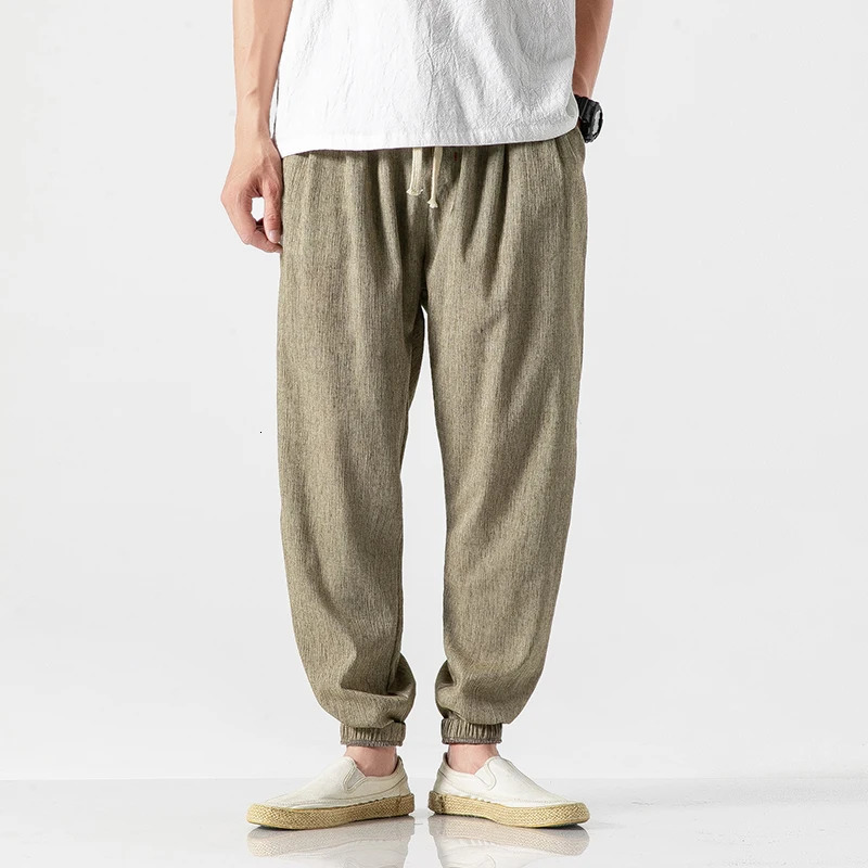 Summer Men Cotton Linen Casual Harem Pants Mens Solid Color Jogger Male Chinese Style Harajuku Elastic Waist Trousers Man 250729