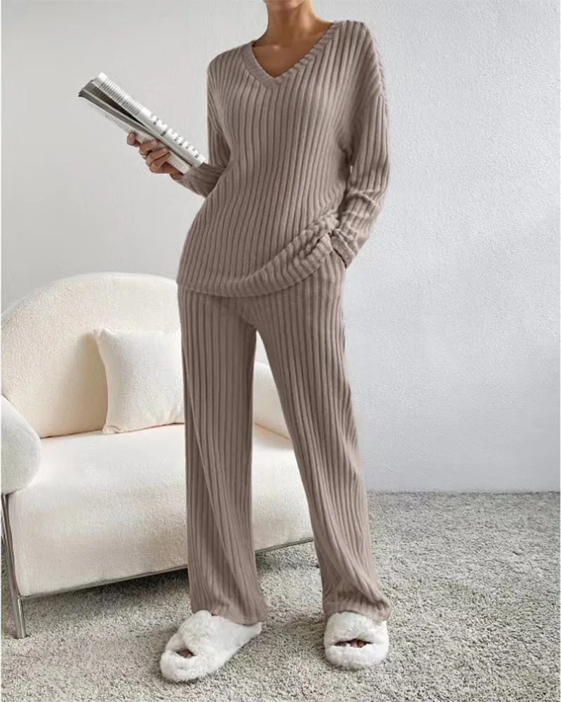 Autumn Winter Ribbed Knit Two Piece Set Womens V Neck Long Sleeve Top Wide Leg Pants Loungewear Casual Solid Color Outfit 250811