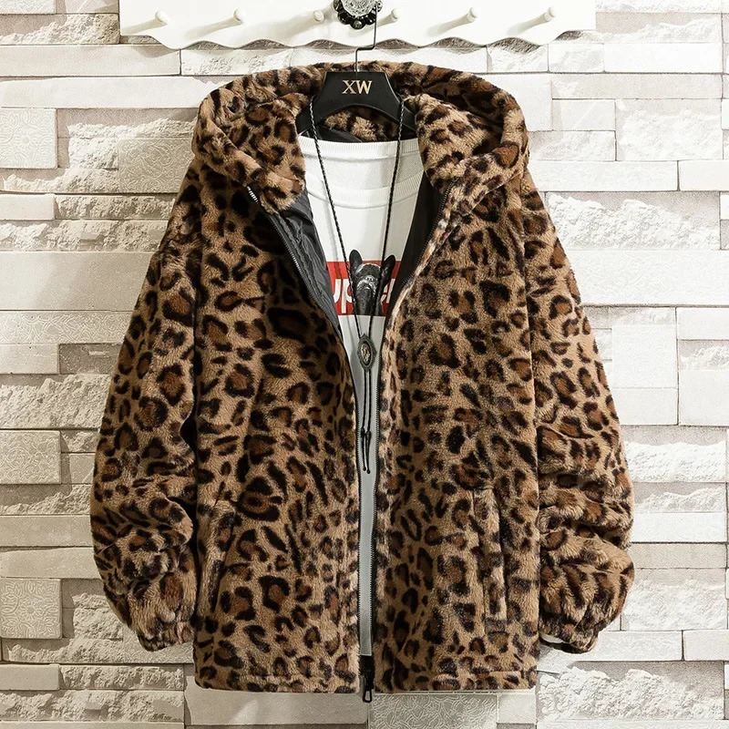 Mens Leopard Print Handsome Mink Hooded Jacket Fleece-Lined Warm 250811