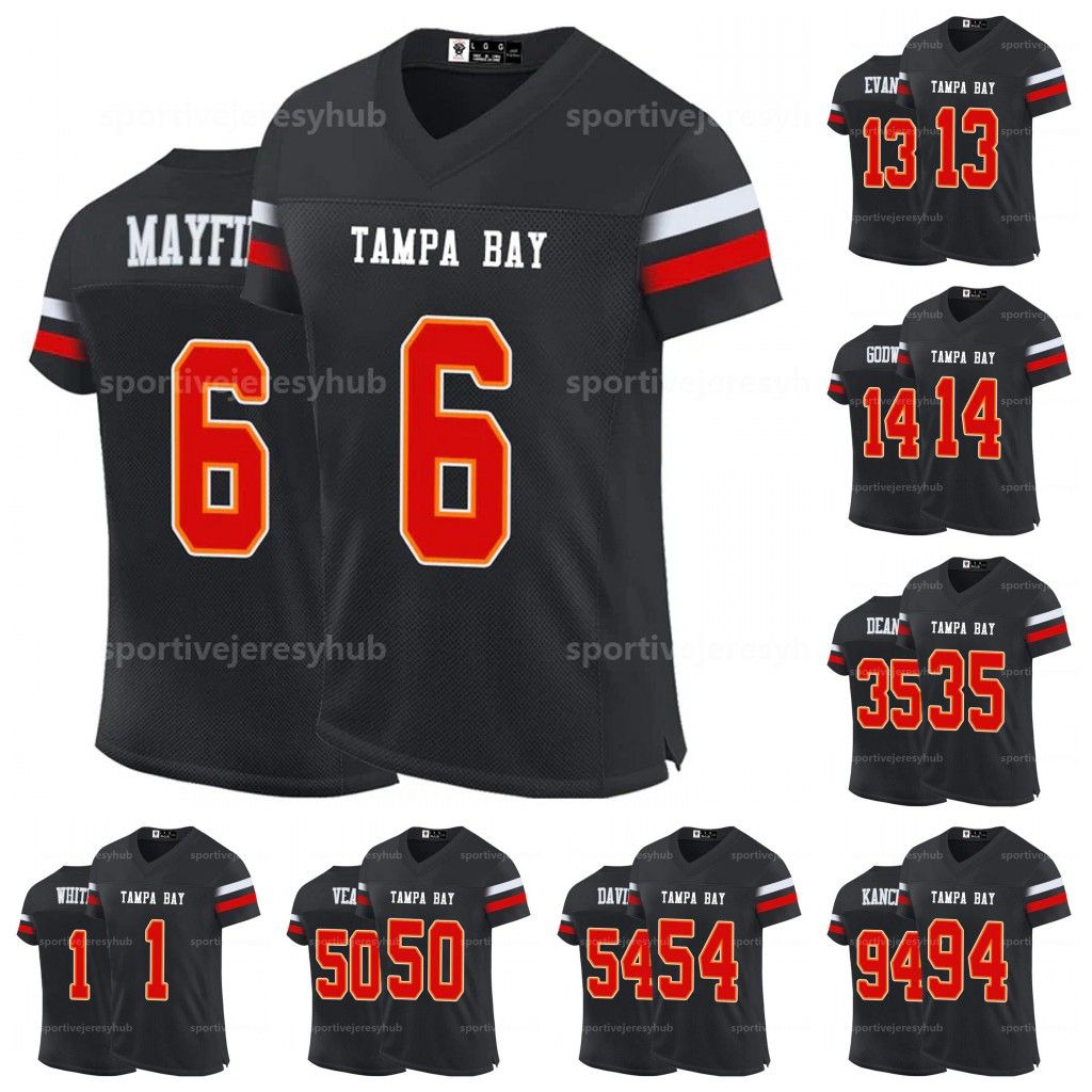 Mens/Youth Footballerseys Mayfield 6 Baker Evans Godwin Antoine Dean Vea David Nerlson 13 Mike 25 Buccaner Black Custom Stitched JAmerican Football Jersey