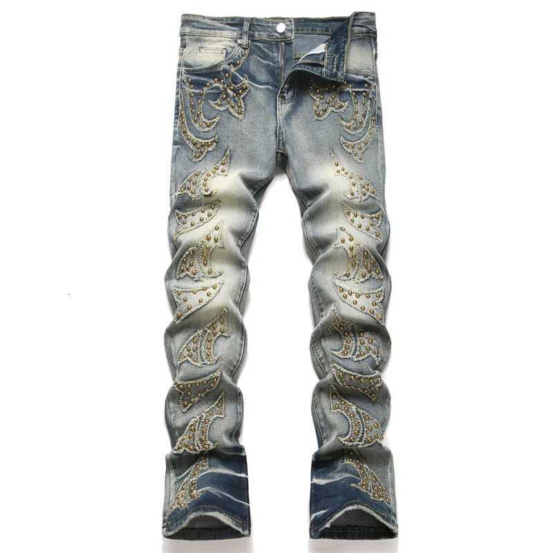 Mens Fashion High Street Hip Hop Jeans Pants With Rivet Streetwear Washed Vintage Denim Trousers Slim Fit Stretchy Retro Jeans X250812