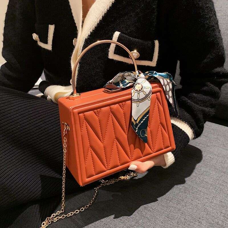 2025 Korean Square Box Bag - Scarf-Detailed Shoulder Purse For Women, Pleated Crossbody With Chain Strap, Elegant Handheld Clutch