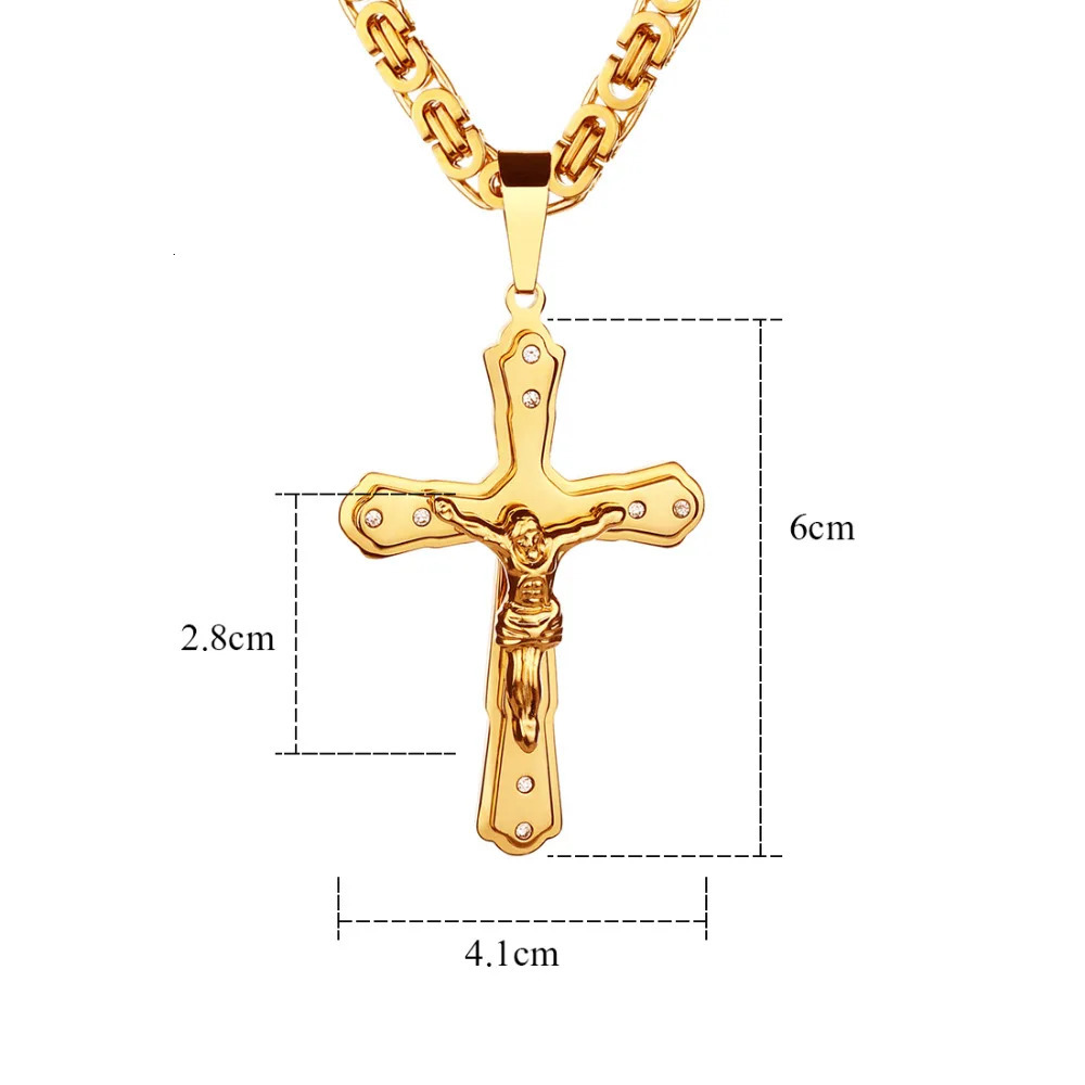 Arrival Jesus Cross Crystal Pendant Necklace Link Byzantine Gold Color Stainless Steel Men Jewelry Collier 21.65 6mm MN81 250805