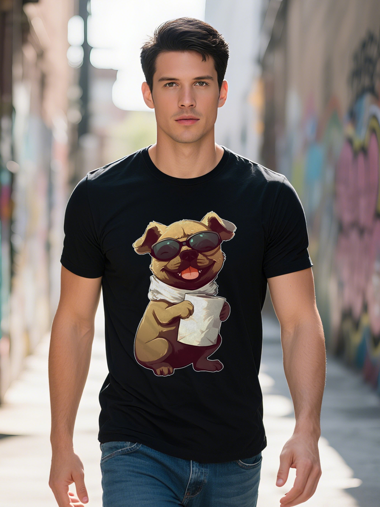 Men's T-Shirt with Fun Cartoon Dog Print Black Knit Style Perfect Gift for Men Summer Casual Wear Crew Neck Shirt