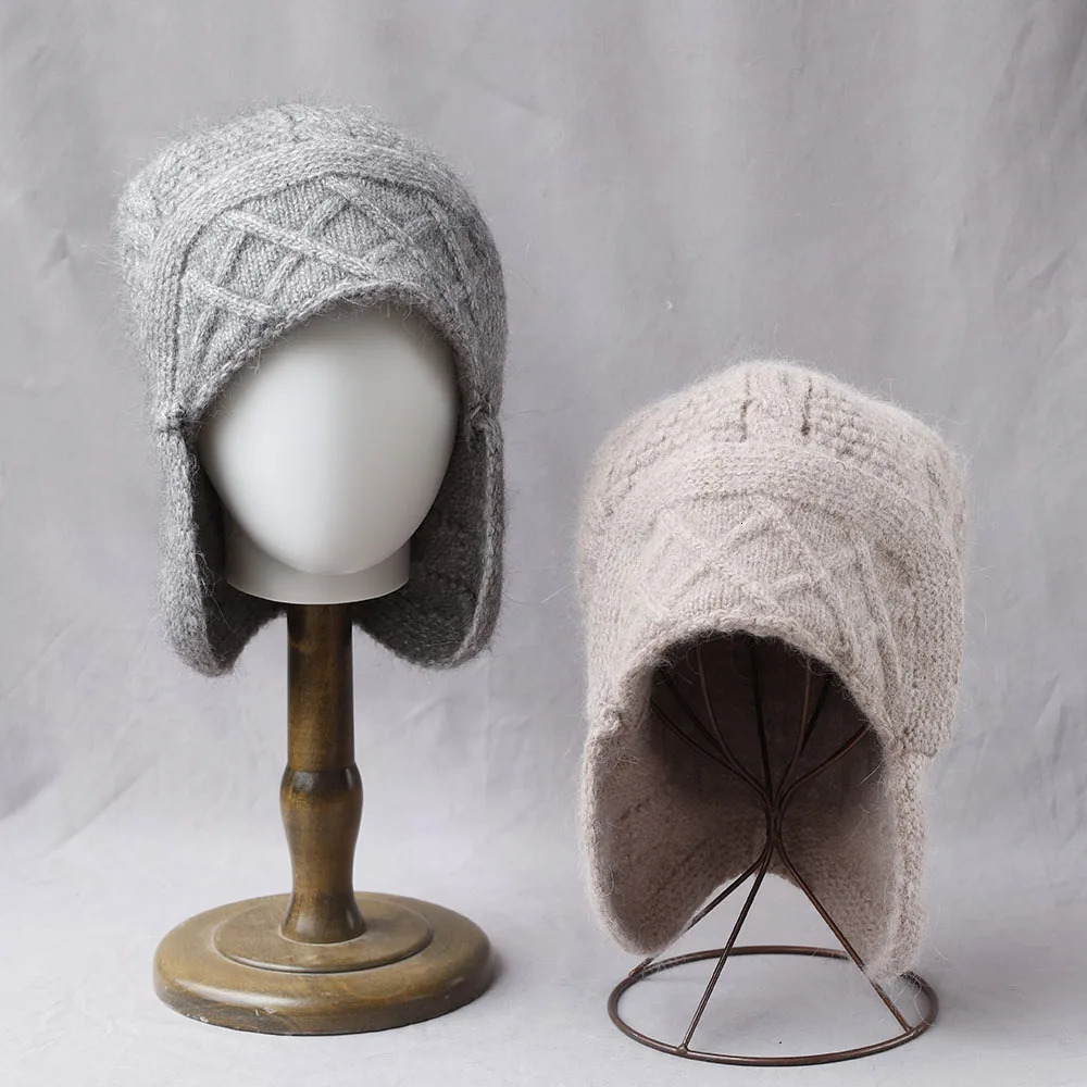 100%Wool Knitted Balaclava Hat For Women Winter Hooded Drawstring Skullies Cap Face Neck Protect Soft Warm Cashmere SKi Bonnet 250808