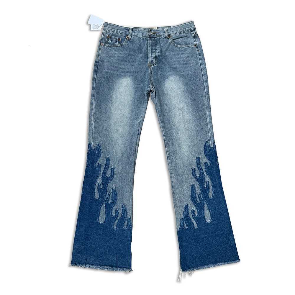 2024 Retro Vintage Micro-flared Jeans High Quality Patchwork Flame Flared Pants Men Washed Old Baggy Jeans Trendy Denim Trousers X250812