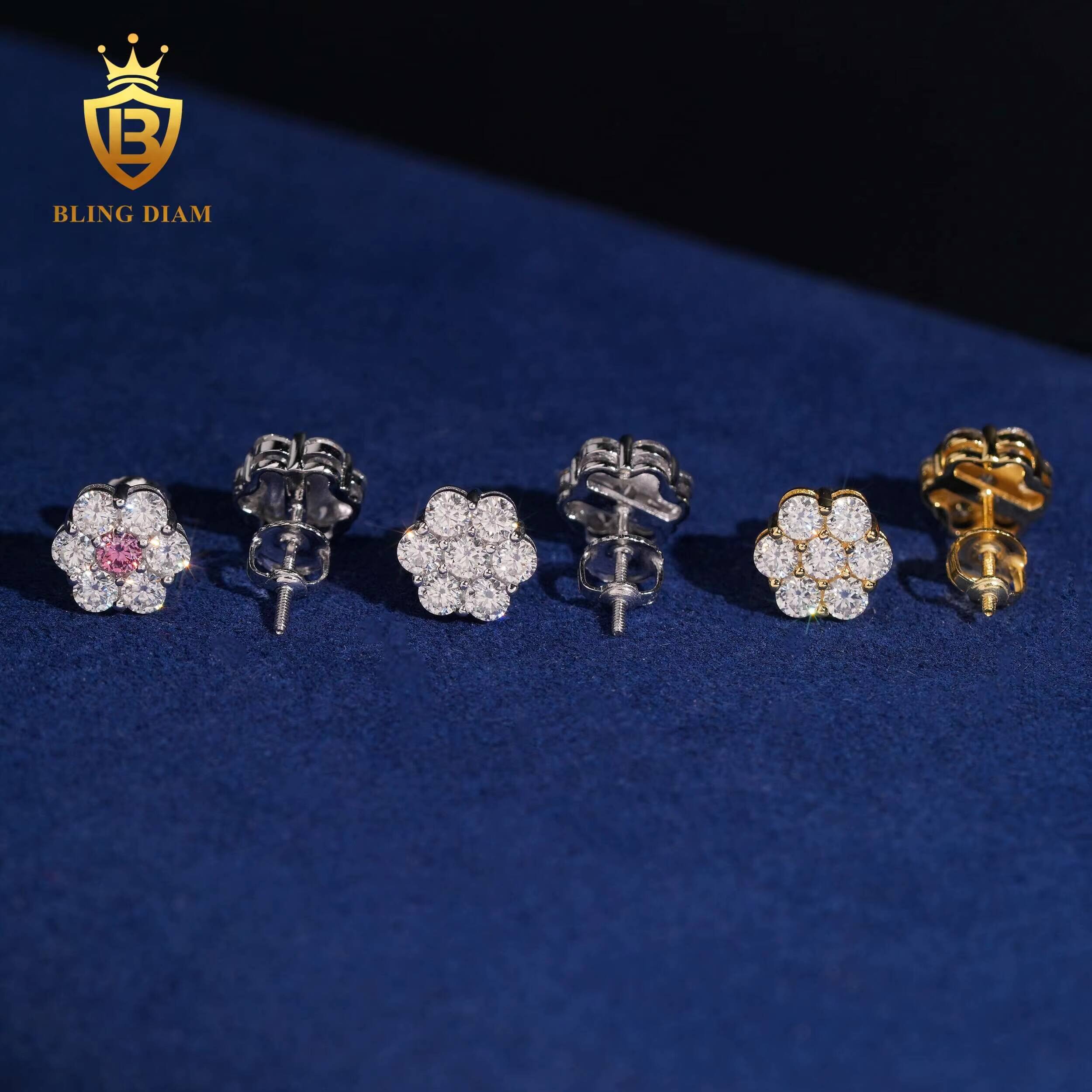 Hip Hop Fine Jewelry Sterling Silver 925 VVS Moissanite Diamond Stud Earrings Iced Out Flower Earrings