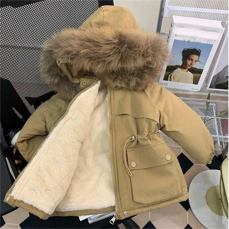 Winter childrens wear Plush thickened cotton coat windbreaker coat boys and girls medium length Plush waist cotton jacket 250811