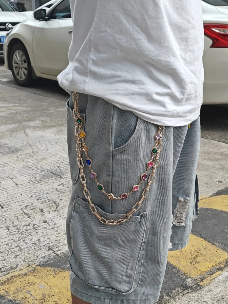 Golden O-type Colorful Rhinestones Pants Chain Fashionable Men And Women Ones Waist Y2K Accessories Hip Hop Jewelry 250811