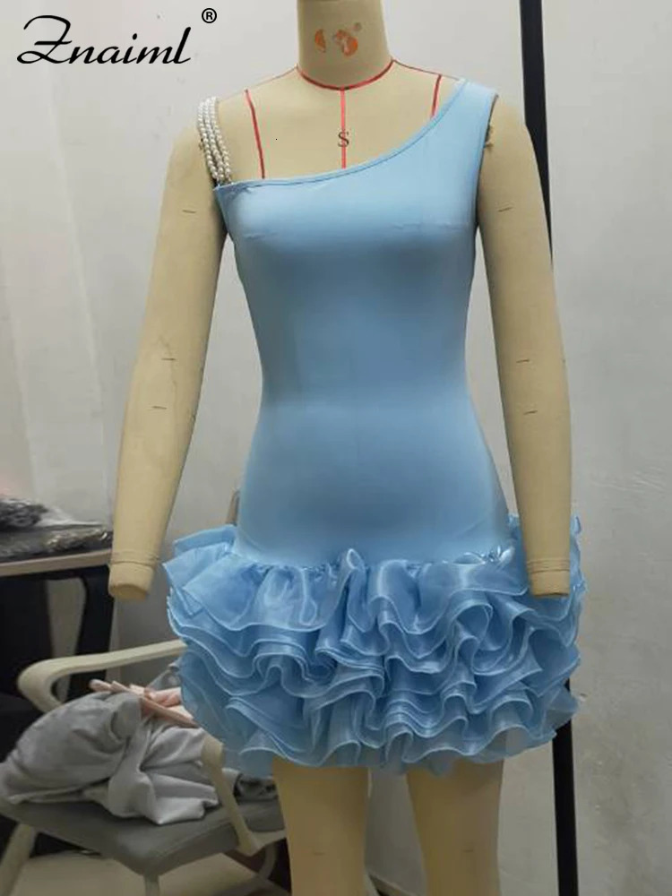 Znaiml Women Blue Stretchy Mini Dresses With Pearls Ruffles Trimmed Bottom Sexy Sheath Short Guest Birthday Party Wedding Gowns 250811