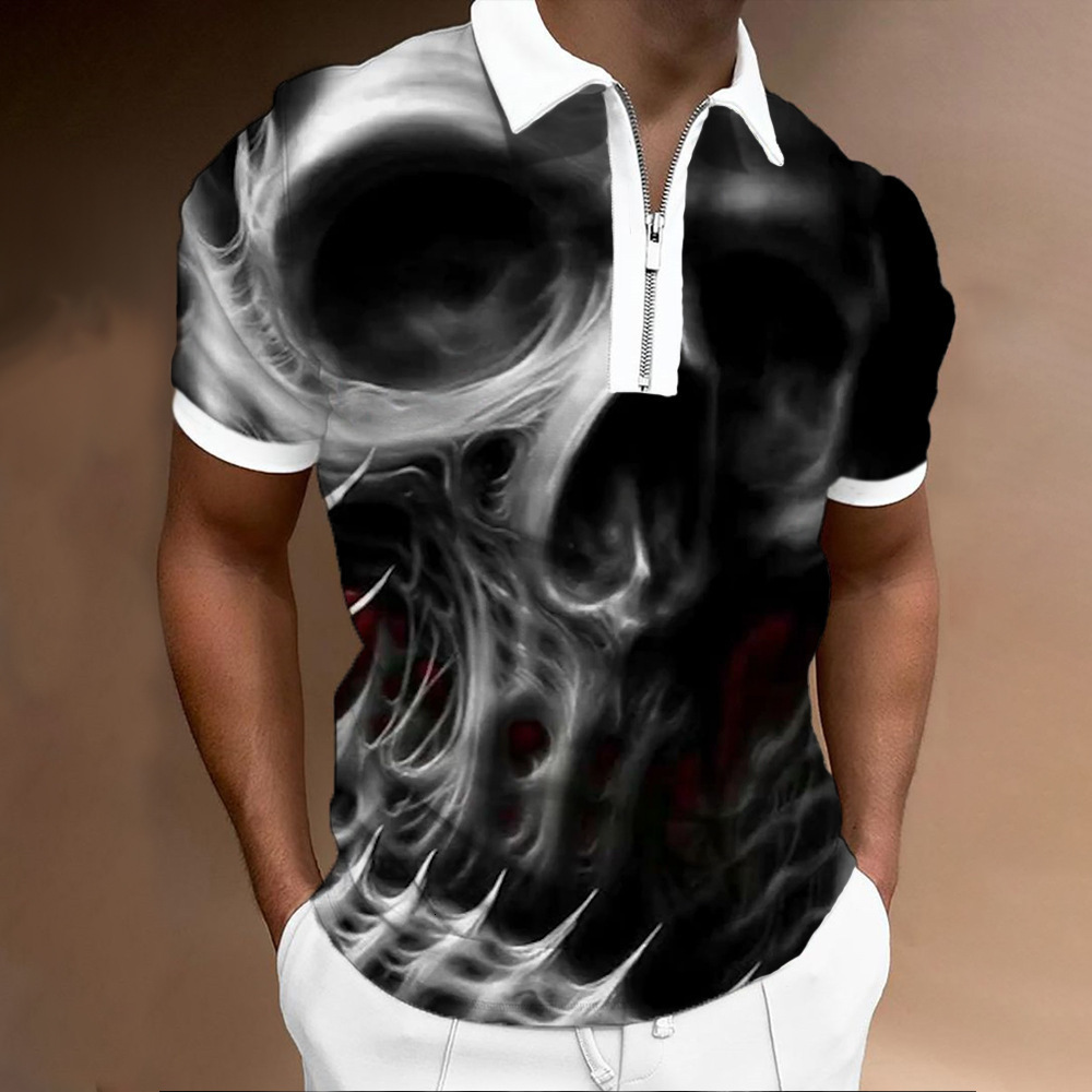 New 3D Printed Skull T-Shirt Men's Casual Zipper Short Sleeve Polo Shirt