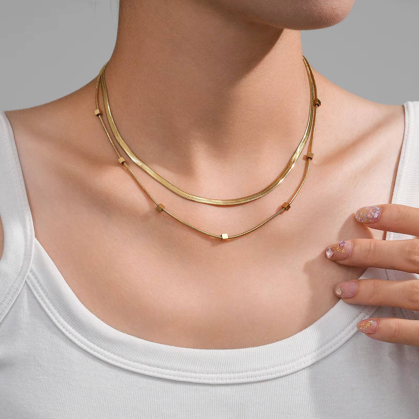 18K Gold Plated Herringbone Rope Chain Layered Necklace Stainless Steel Necklace Tarnish Free Waterproof Jewelry